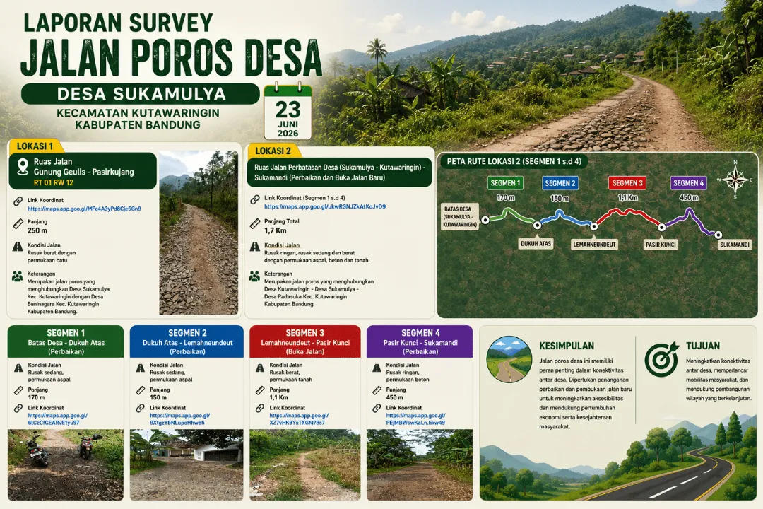 Survey Jalan Poros Desa Sukamulya, Kecamatan Kutawaringin, Kabupaten Bandung: Dua Ruas Jalan Butuh Perbaikan dan Pembukaan Jalan Baru